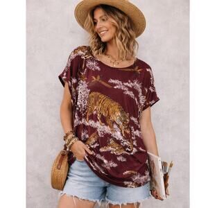 CH Fashion Tiger Top Women's Size L Embellished Rust Brown Stretch Nature Artsy